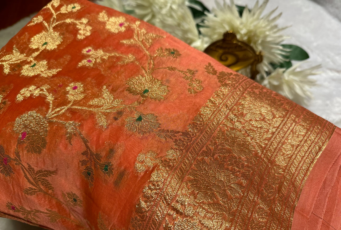 Peach organza meenakari silk saree