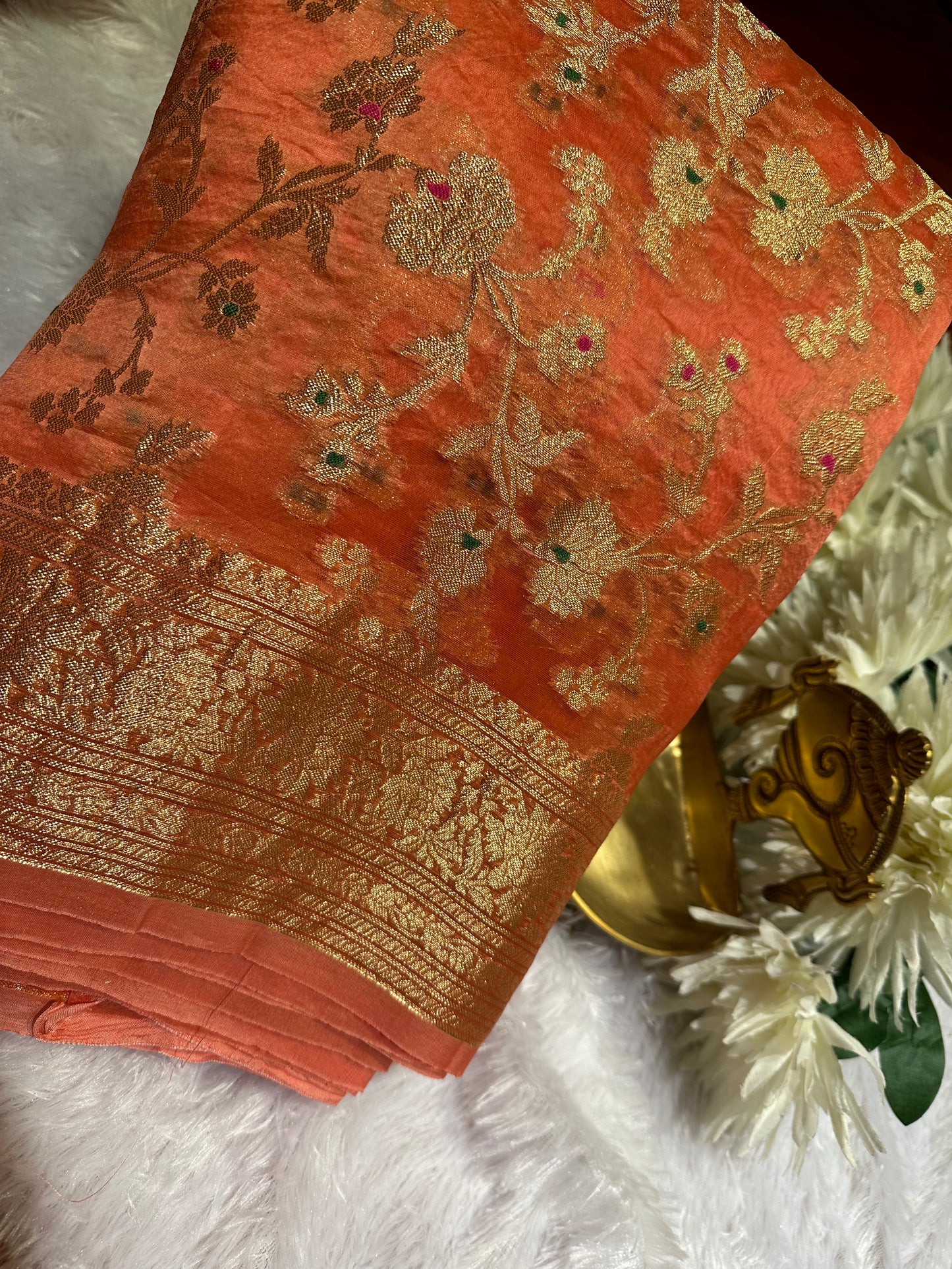 Peach organza meenakari silk saree