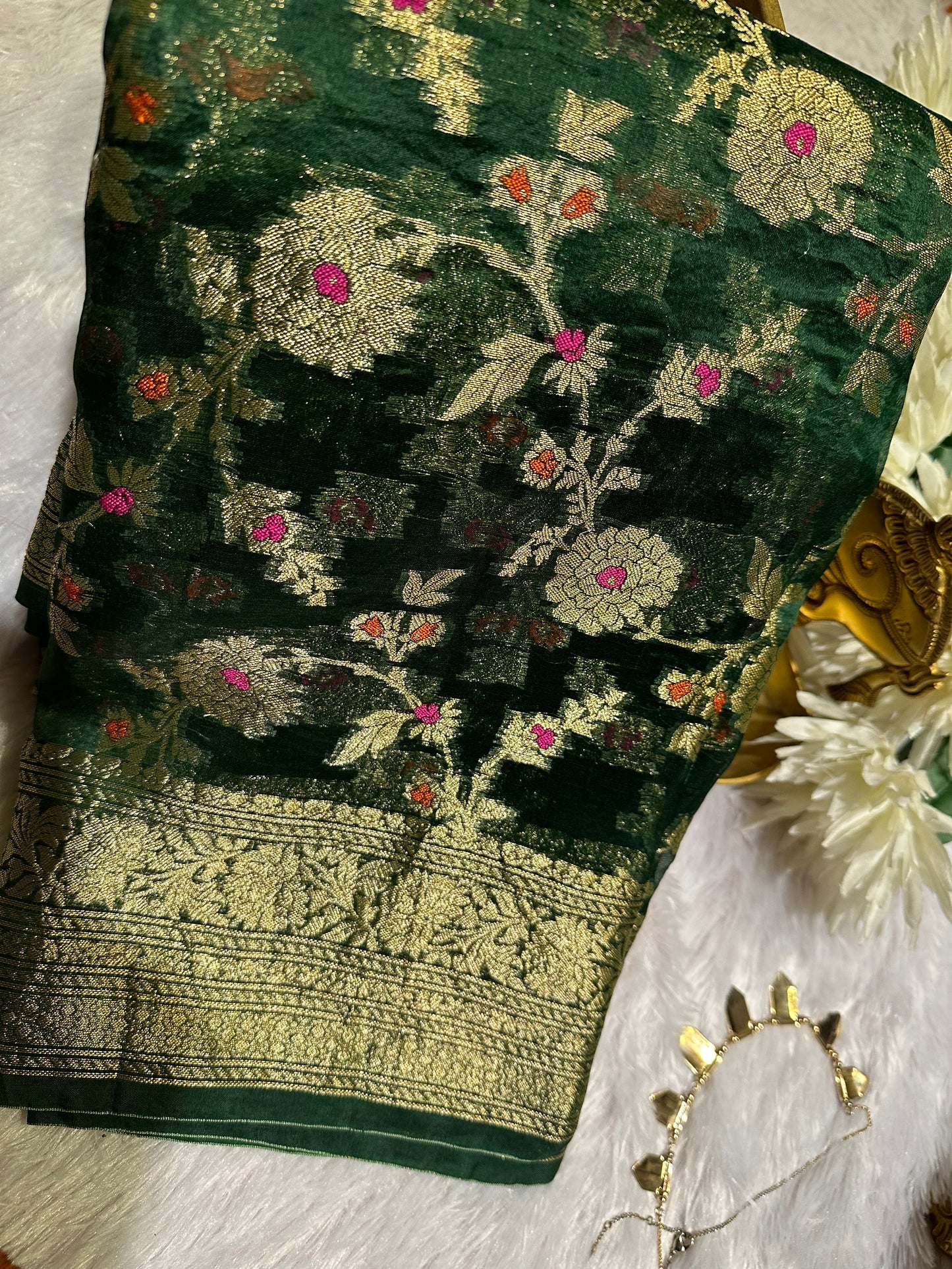Bottle green organza meenakari silk saree