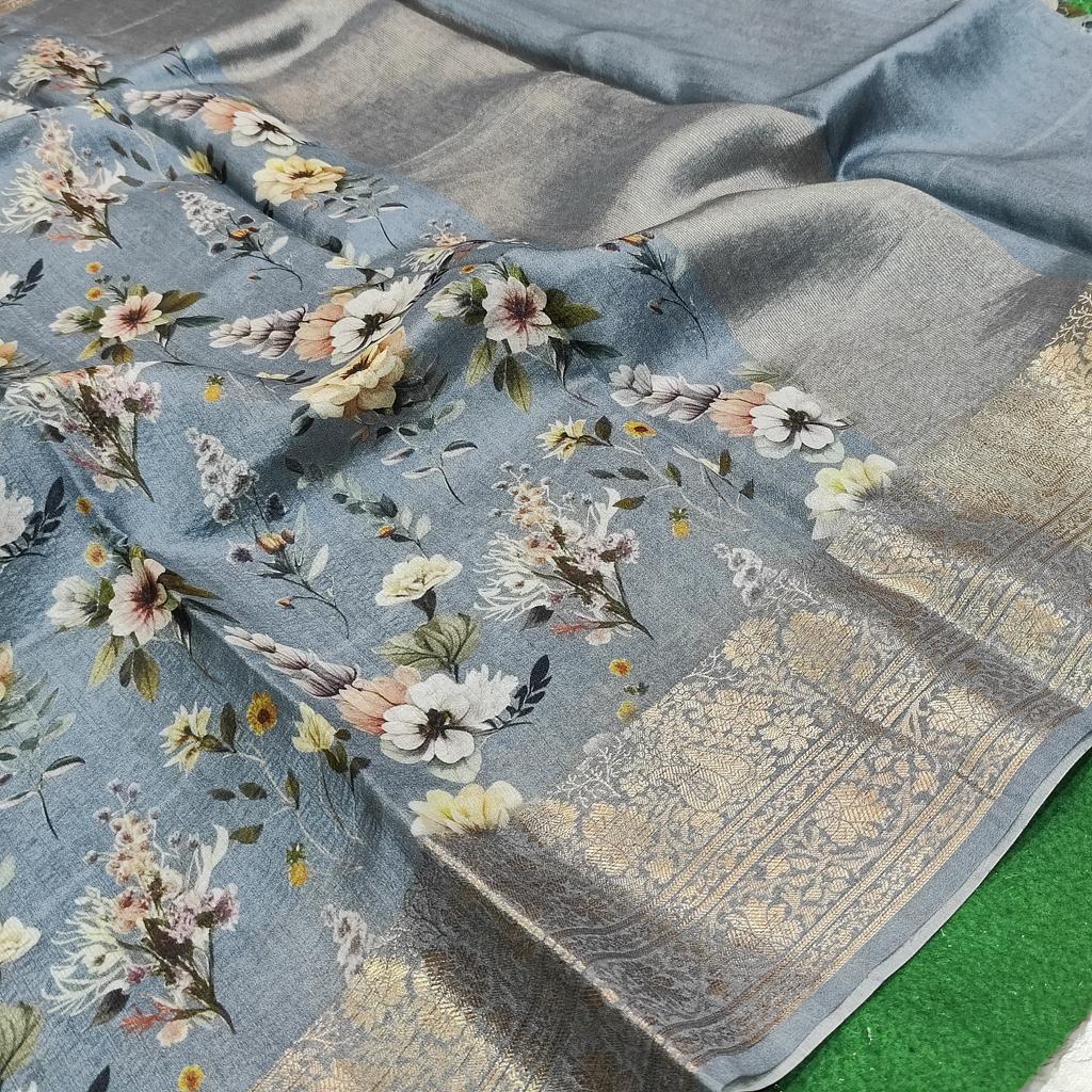 Blue digital printed tussar saree