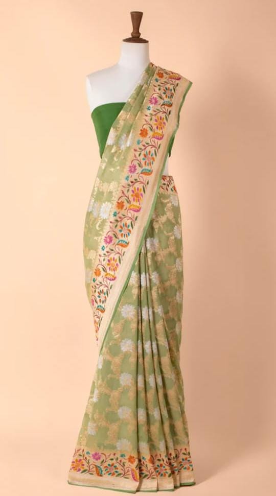 MINT GREEN PURE KHADDI GEORGETTE SAREE WITH MEENAKARI WORK