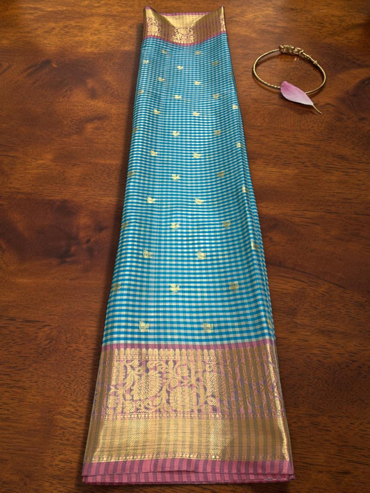Light Blue checkered semi silk saree