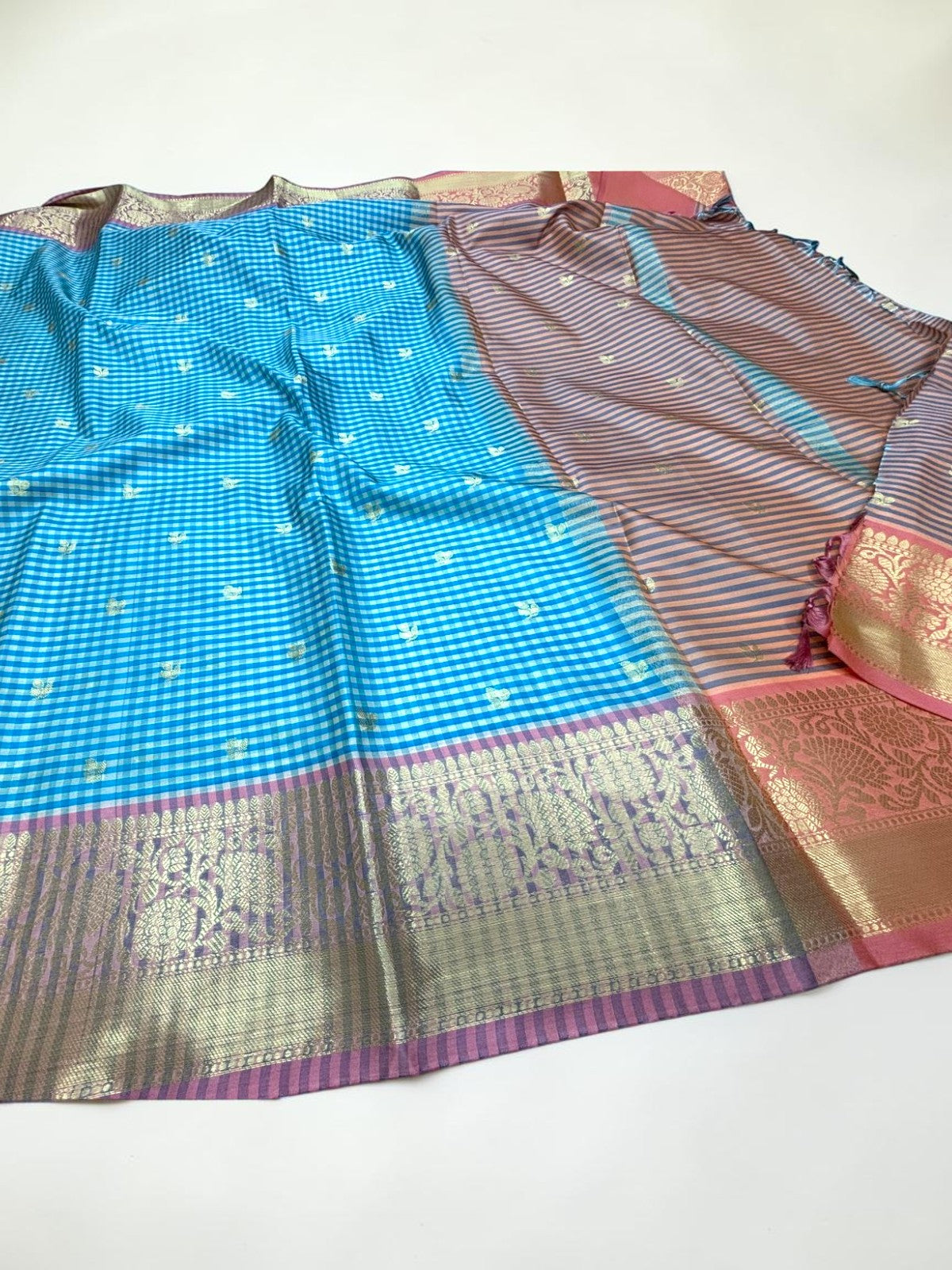 Blue checkered semi silk saree