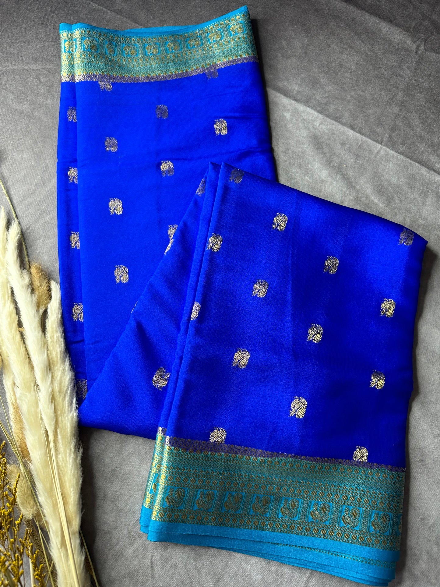 Navy blue- sea green peacock butta pure crepe silk saree