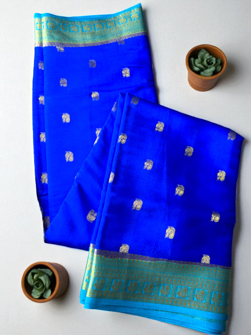 Navy blue- sea green peacock butta pure crepe silk saree
