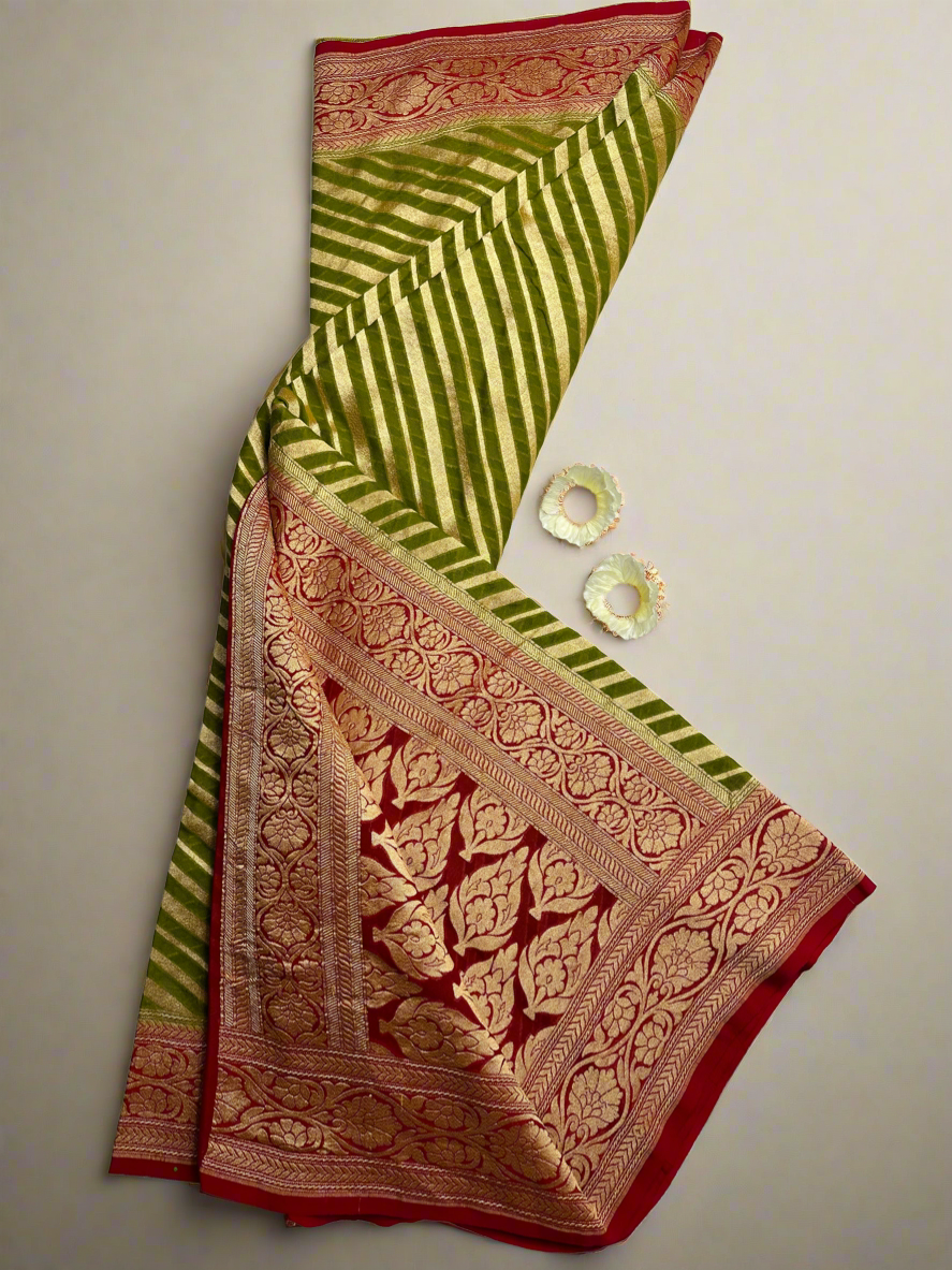 GREEN- RED LEHERIYA CHIFFON GEORGETTE SAREE