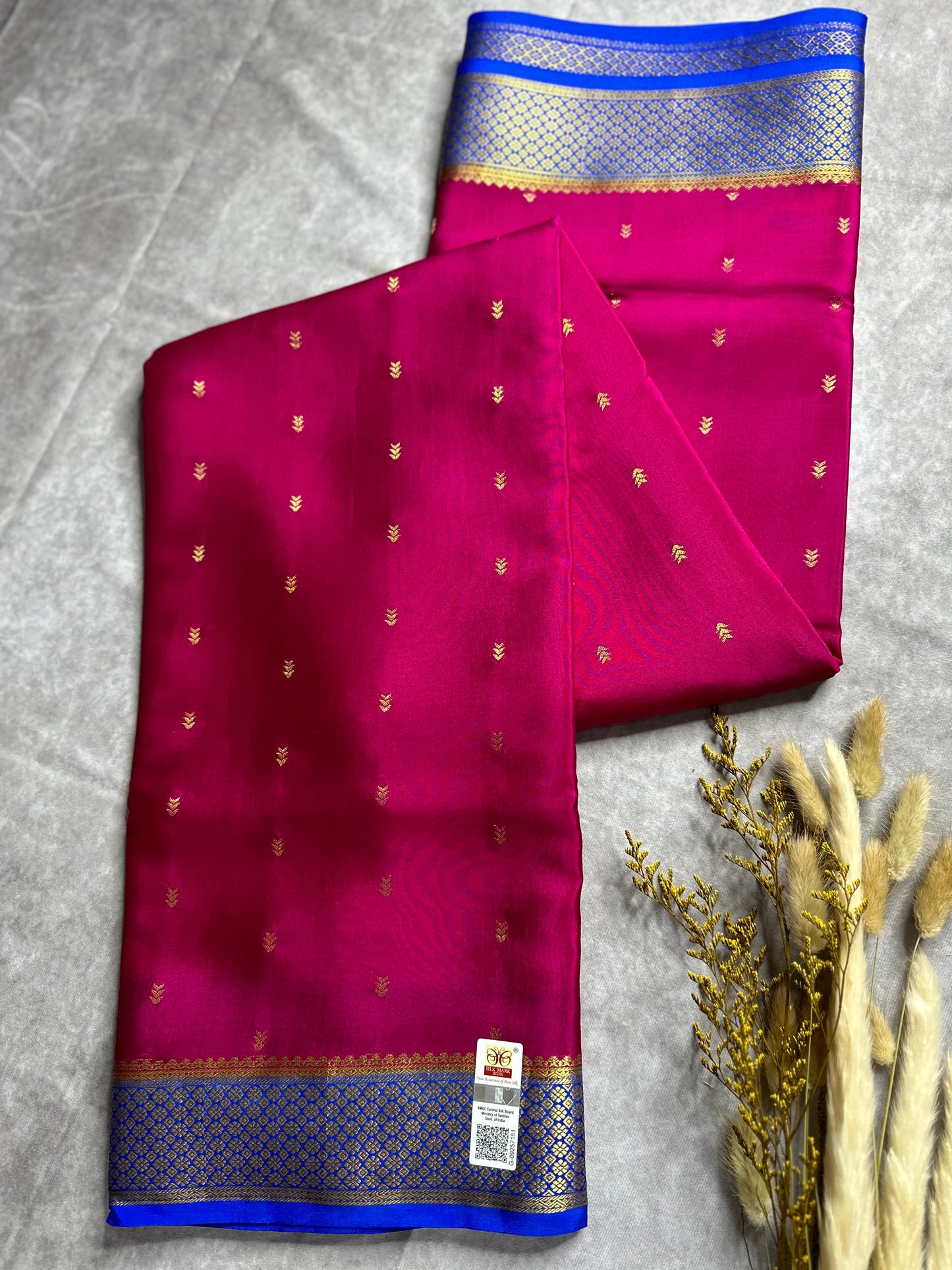 Rani pink- blue arrow butta pure crepe silk saree