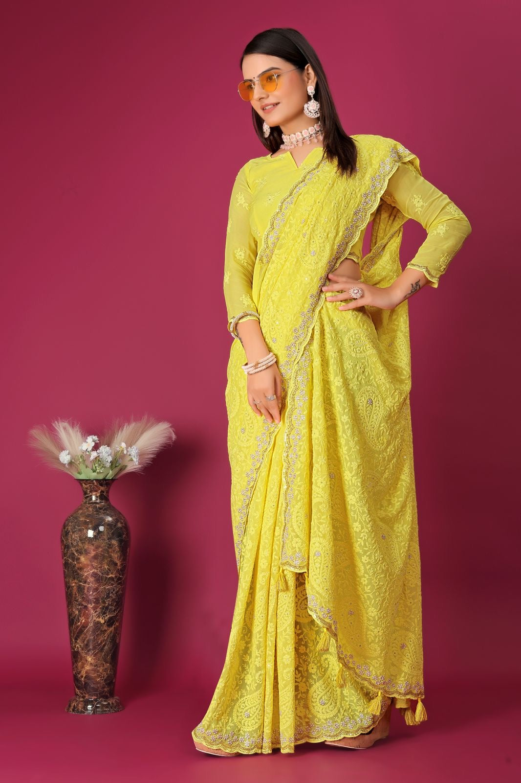 Yellow embroidery saree