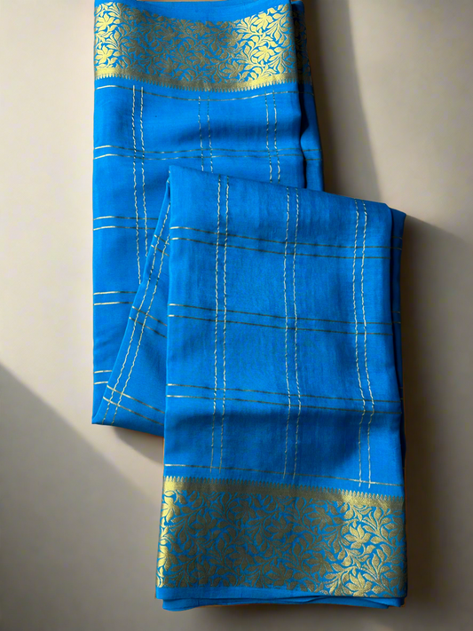 BLUE CHECKS MYSORE SILK SAREE