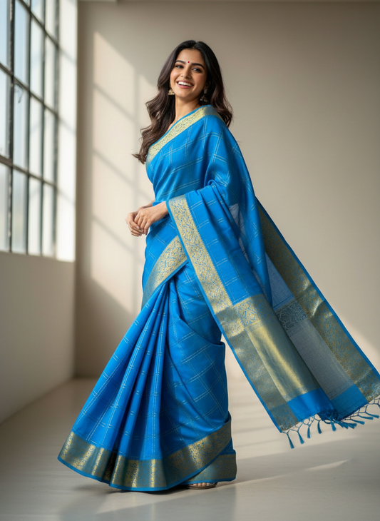 BLUE CHECKS MYSORE SILK SAREE