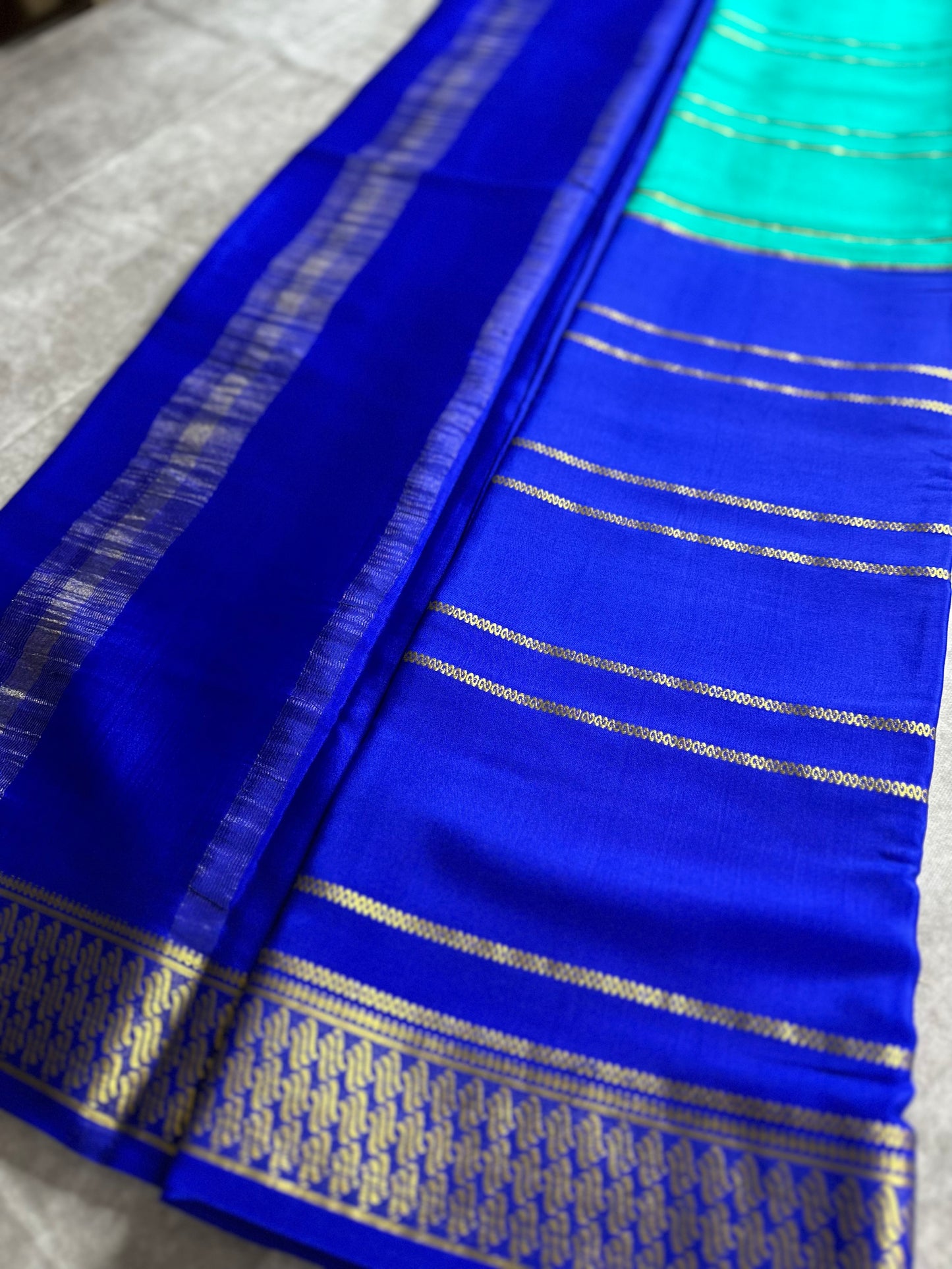 Sky Blue- royal blue fancy 1/2 X 1/2 stripes crepe silk saree