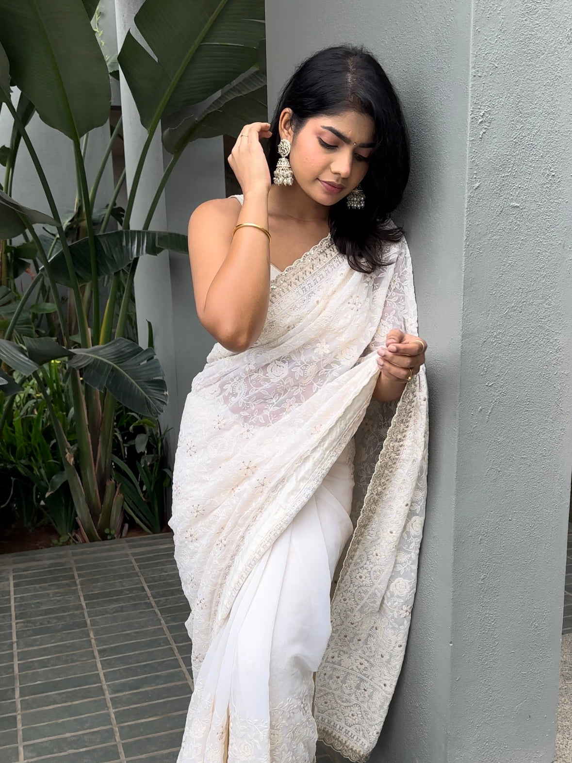 Off-white Chikankari saree