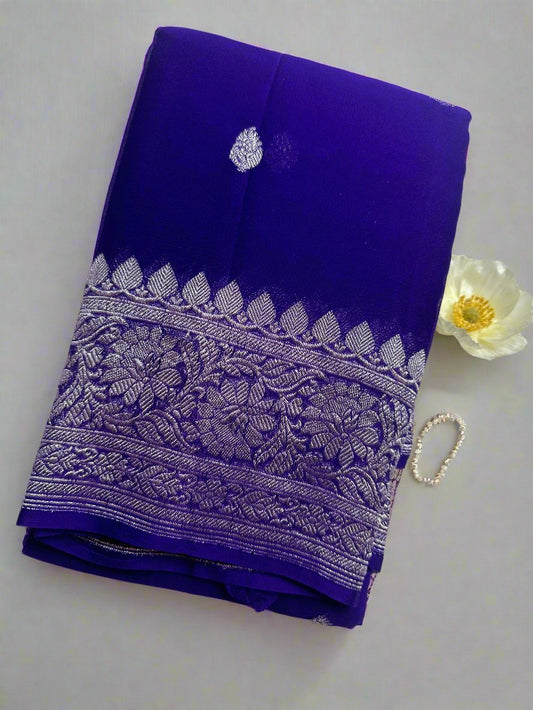 BLUE CHIFFON GEORGETTE WITH SILVER BUTTA SAREE