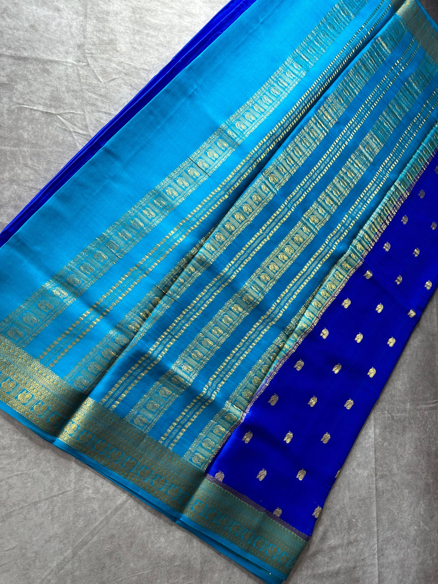 Navy blue- sea green peacock butta pure crepe silk saree