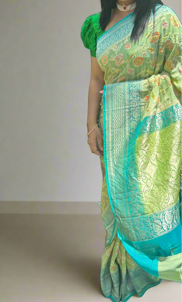 Green-dark green SILVER ZARI PURE KHADDI GEORGETTE SAREE