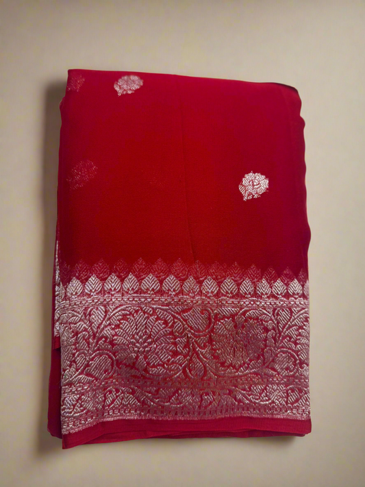 RED CHIFFON GEORGETTE WITH SILVER BUTTA SAREE