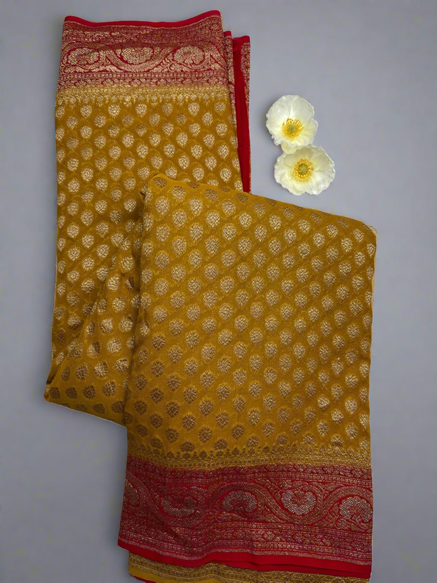 MUSTARD YELLOW  WITH RED ANTIQUE ZARI PURE KHADDI GEORGETTE SAREE