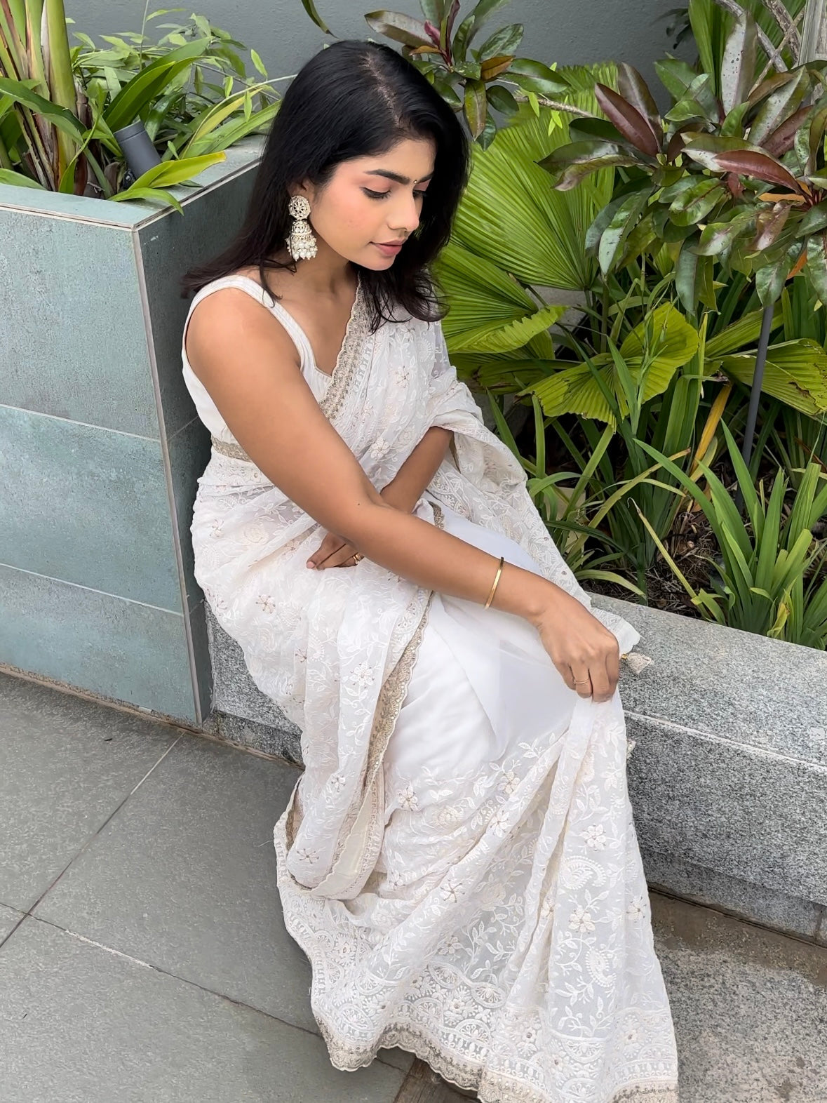 Off-white Chikankari saree