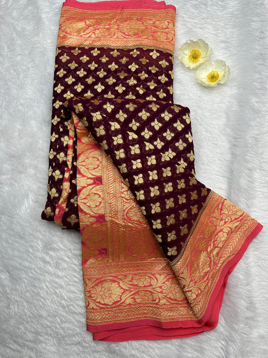 COFFEE BROWN- PINK CHIFFON GEORGETTE SAREE