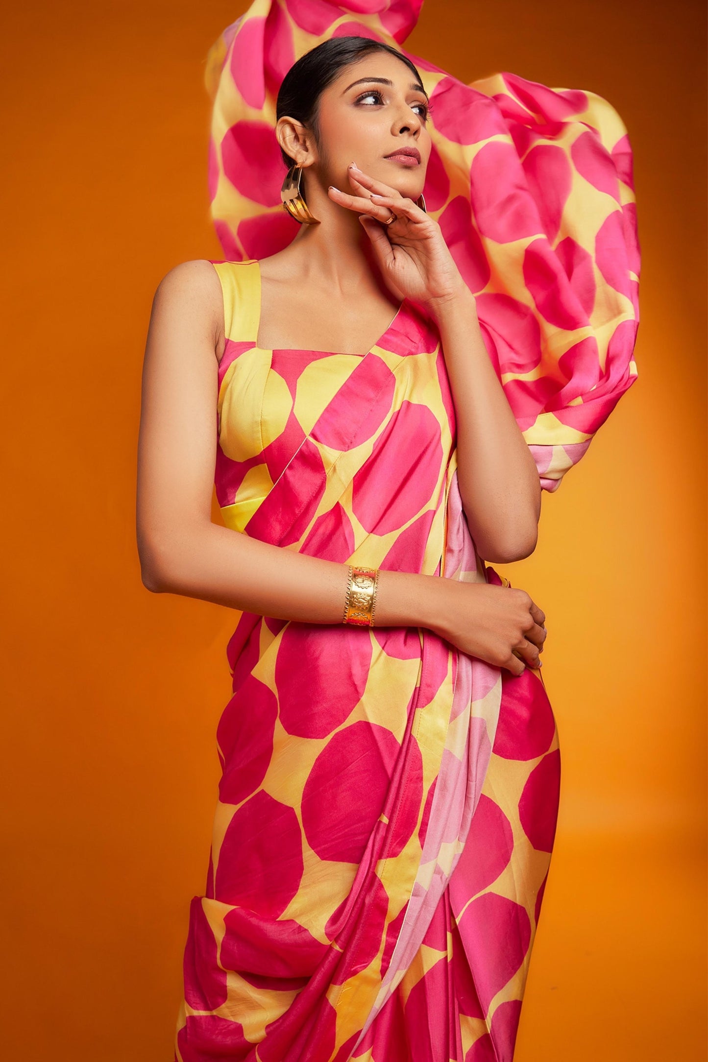 Pink - yellow printed soft satin saree