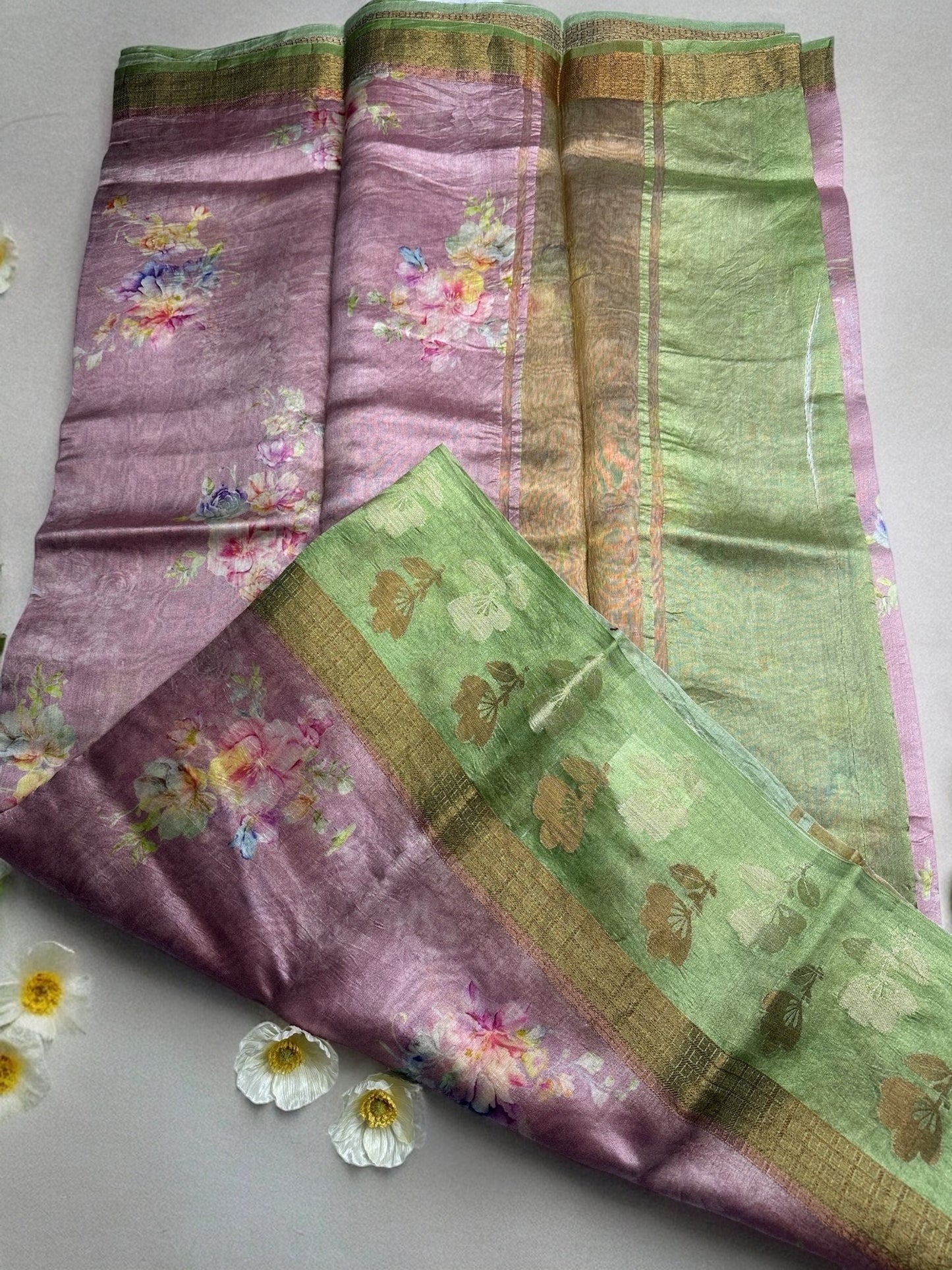 GREEN-PINK DIGITAL PRINT PURE CHINIYA SILK SAREE