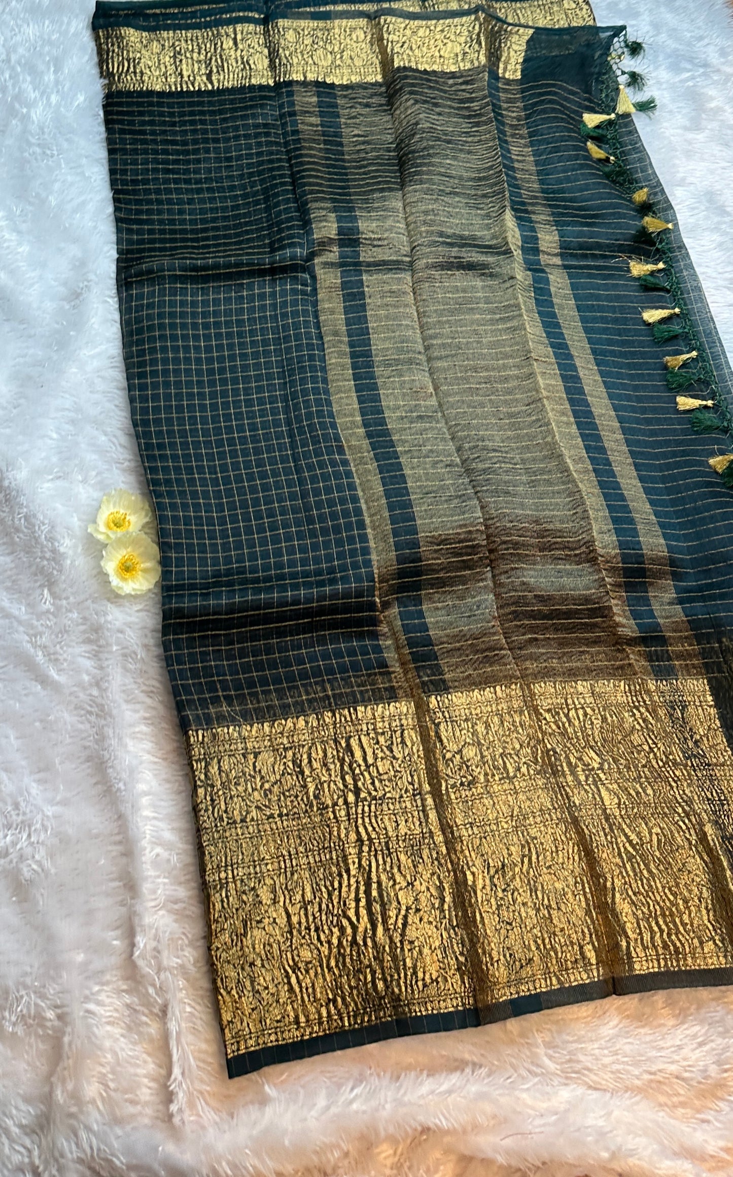 Forest green organza checks saree