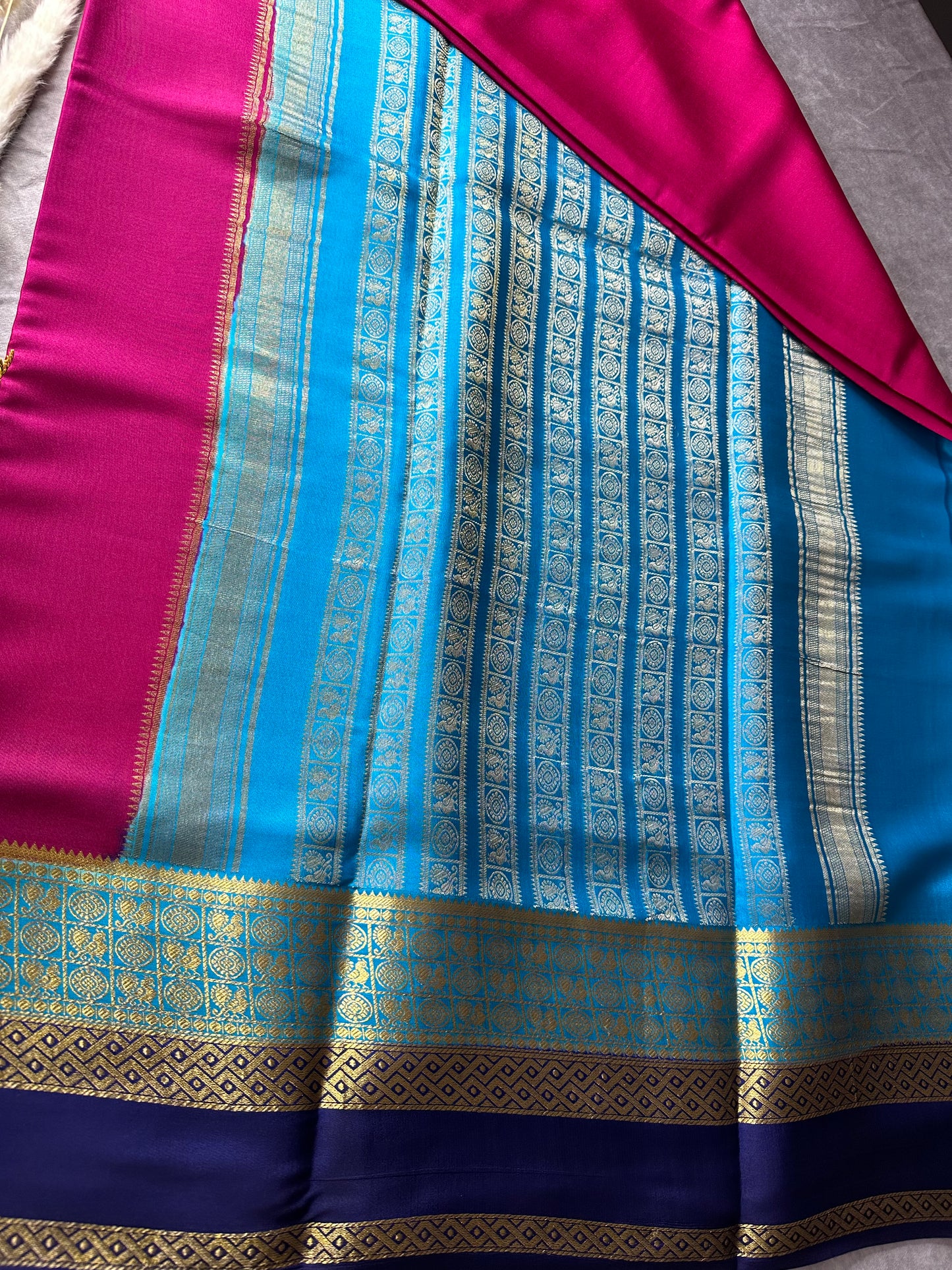 Rani pink-blue Sarika 3D skirt pure crepe silk saree