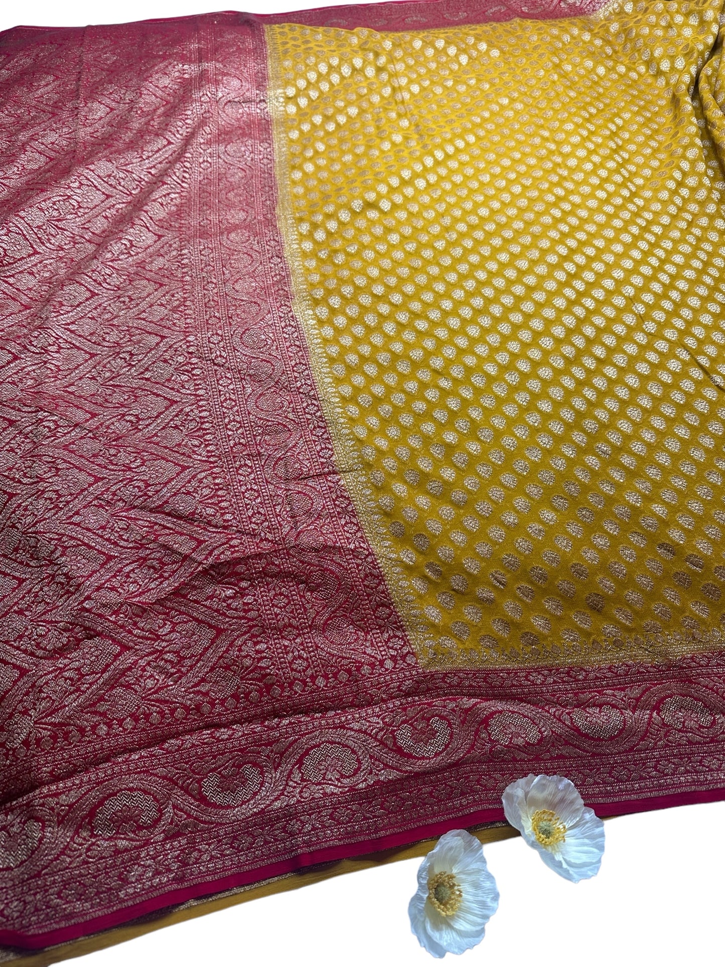 MUSTARD YELLOW  WITH RED ANTIQUE ZARI PURE KHADDI GEORGETTE SAREE