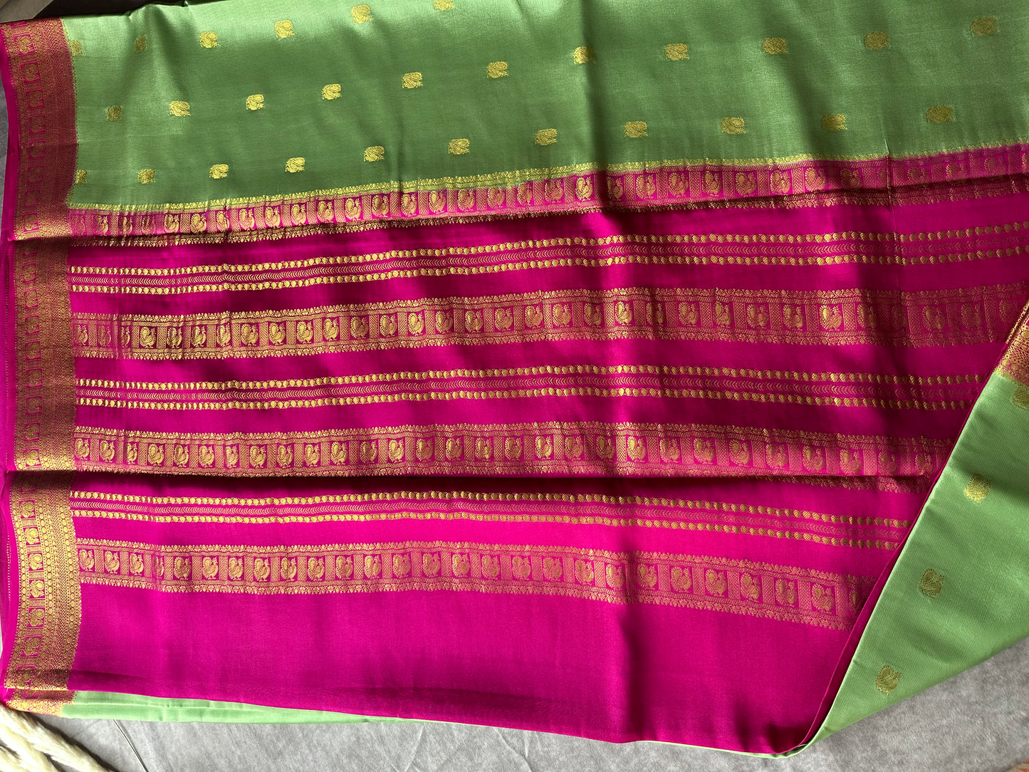 Mint green-magenta pure crepe butta silk saree