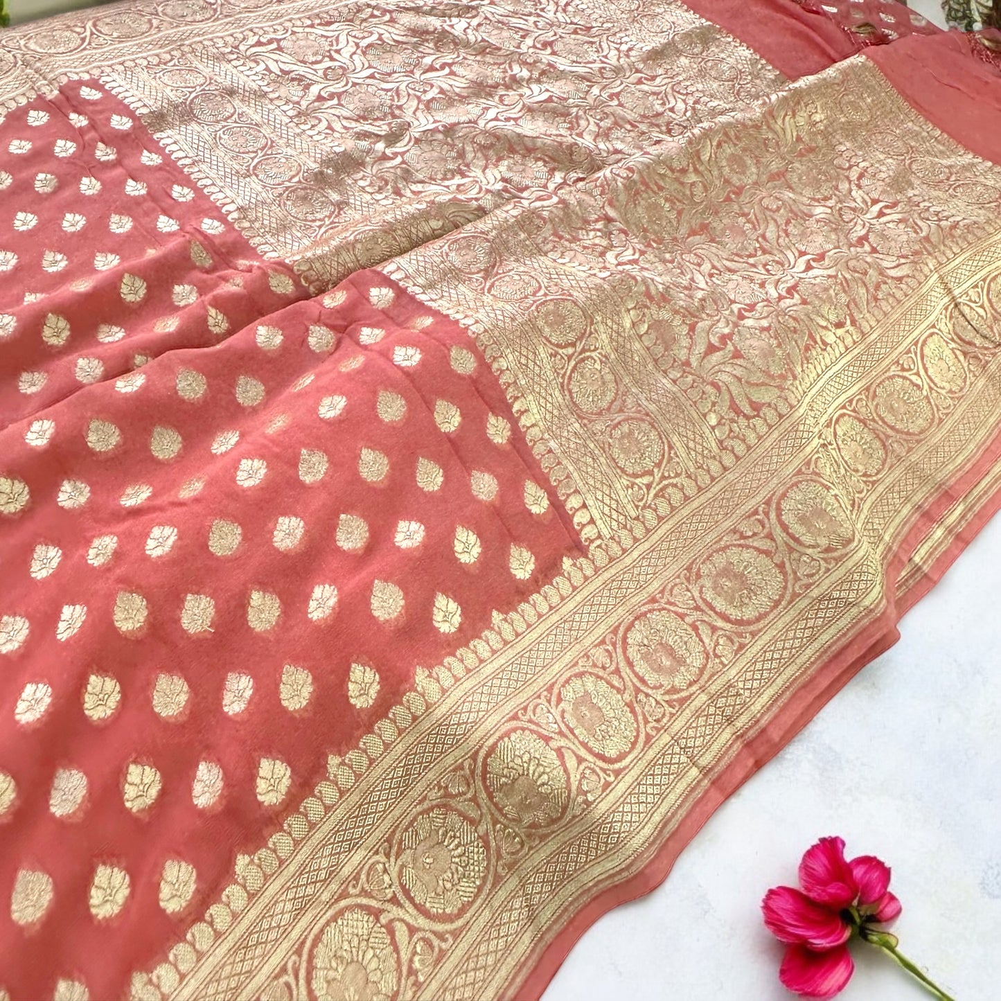 Peach pure Georgette saree