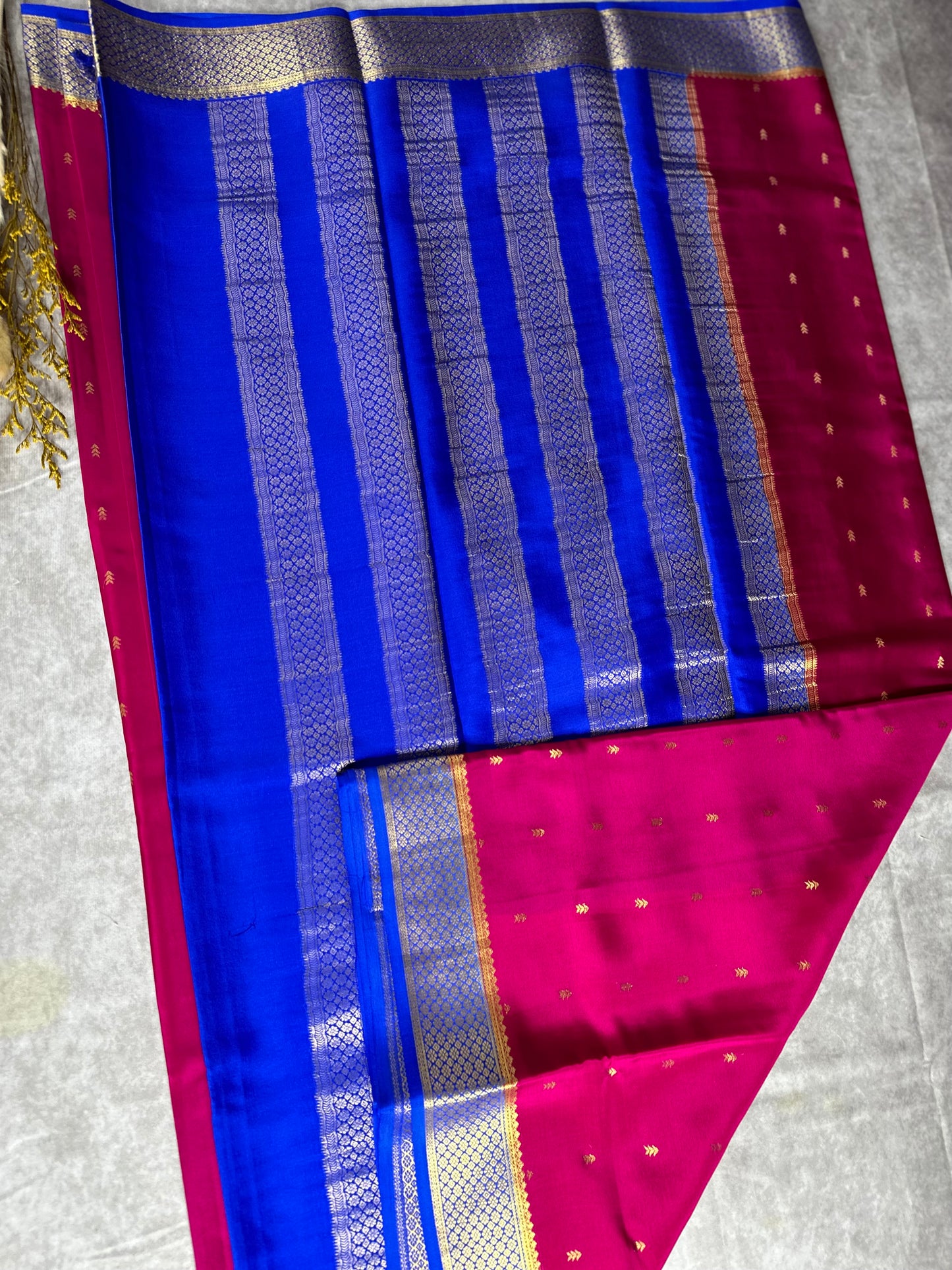 Rani pink- blue arrow butta pure crepe silk saree