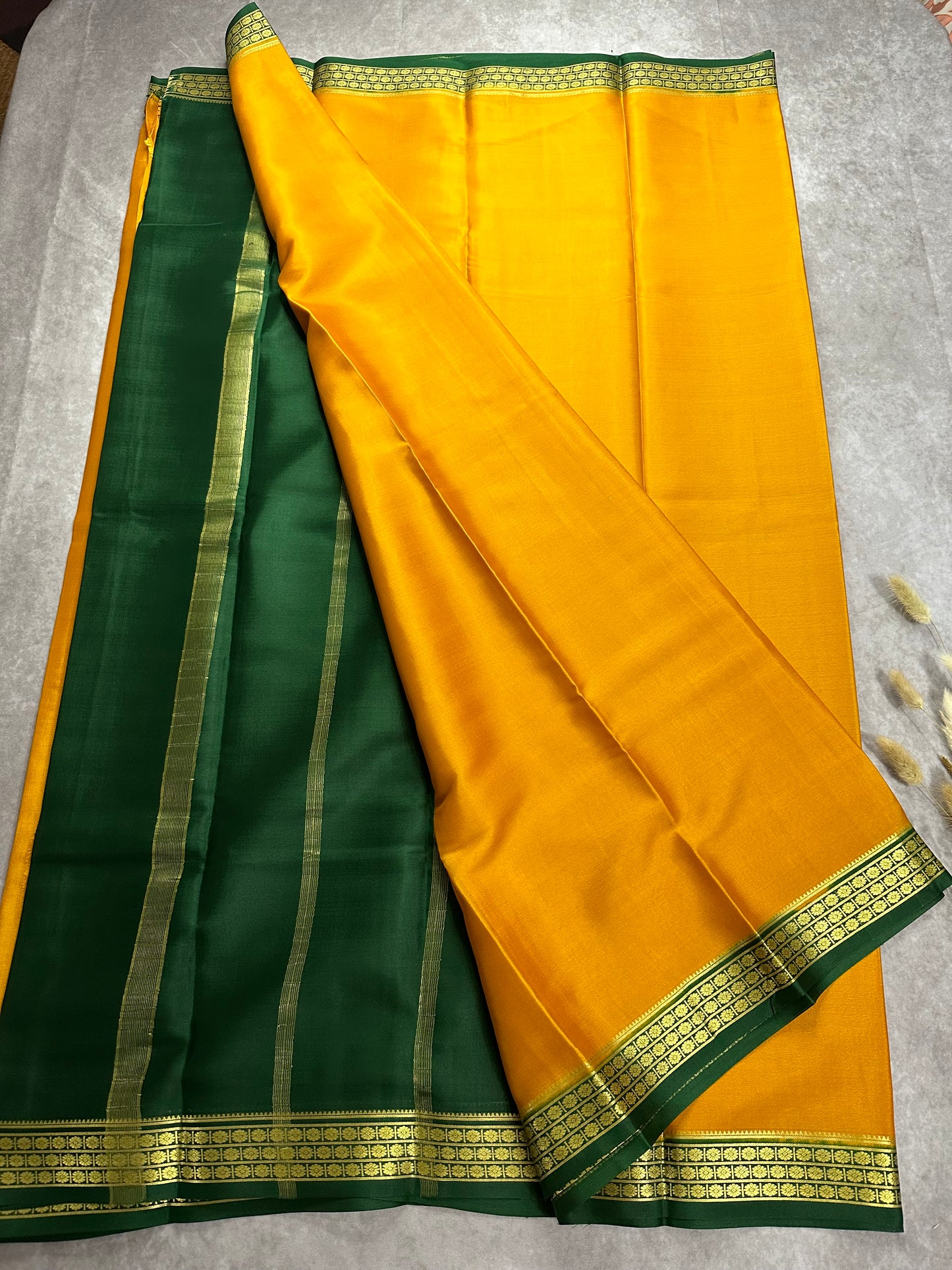 Mustard yellow- green ashwini pure crepe silk saree