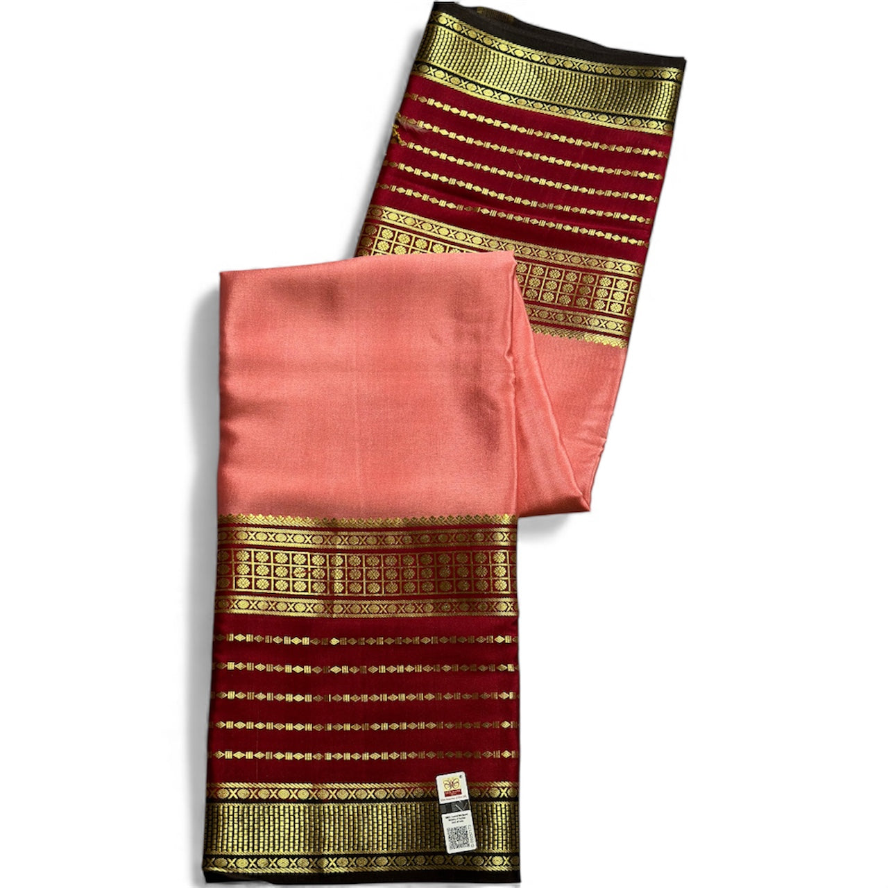 Peach Pink- red wine- black pure crepe 3D big bentex lines saree