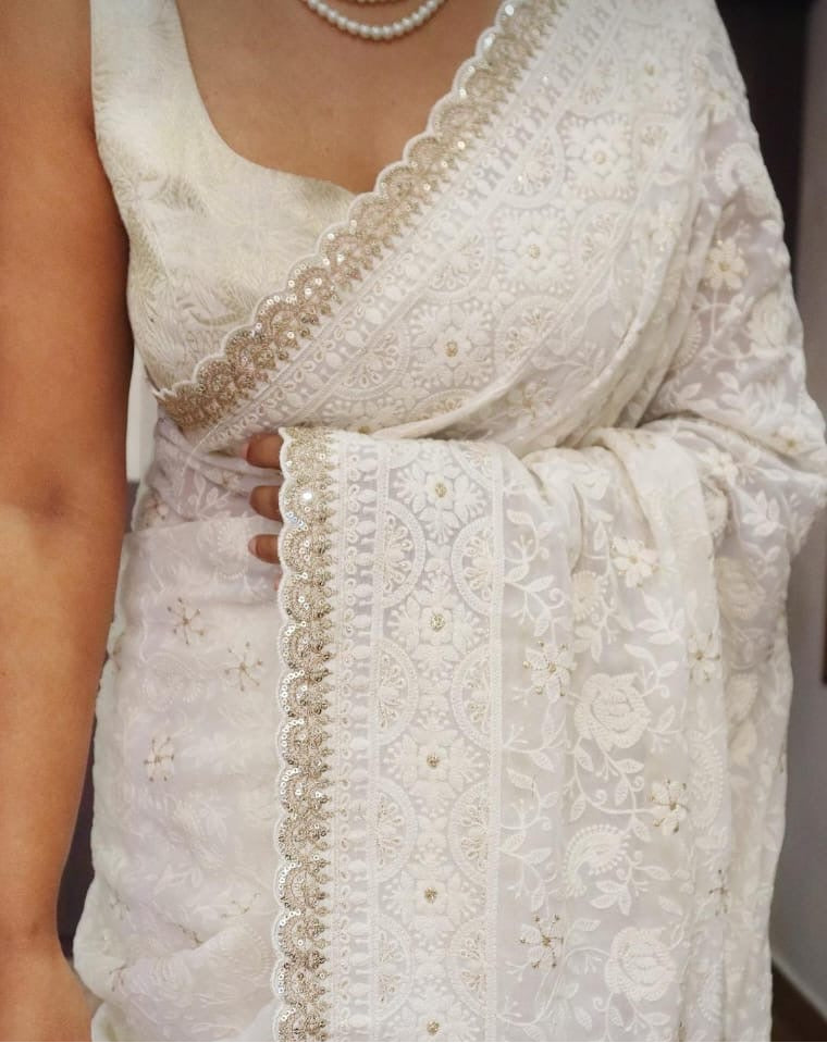 Off-white Chikankari saree