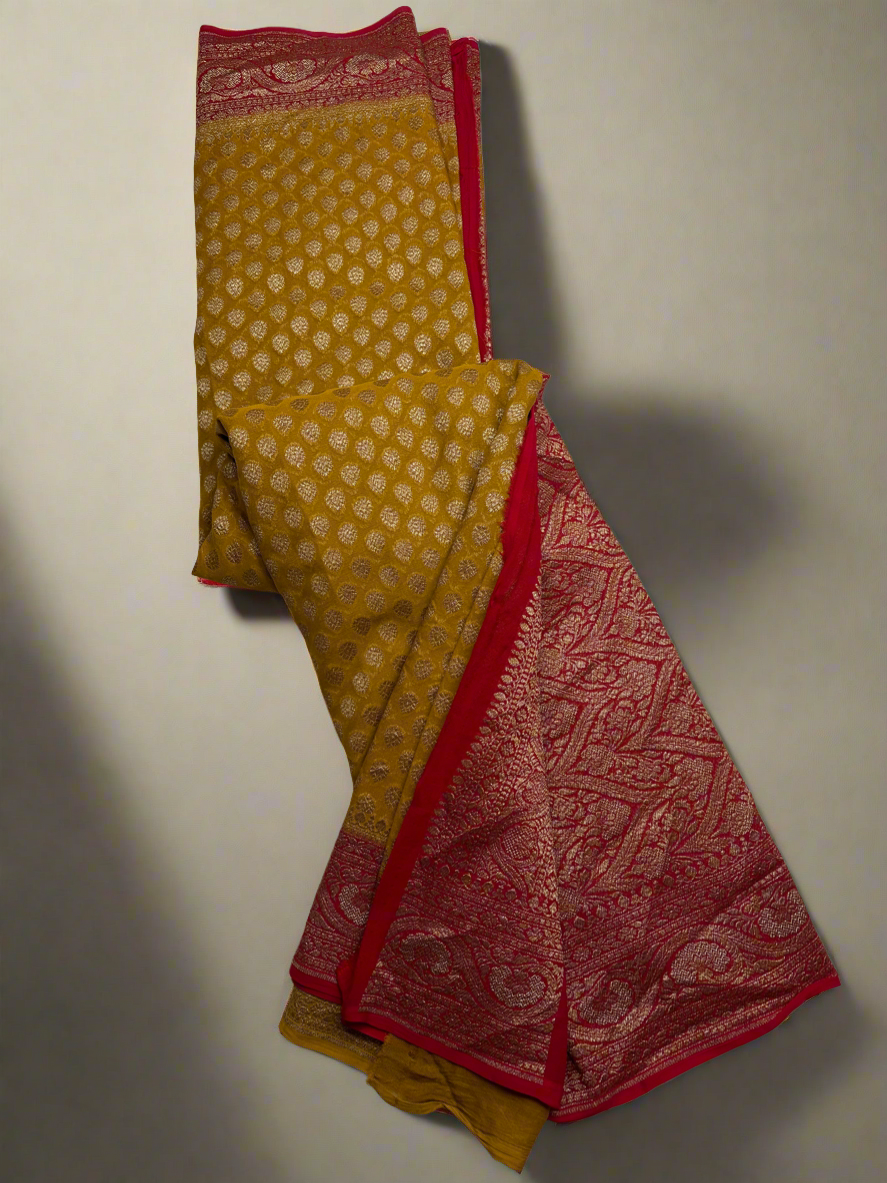 MUSTARD YELLOW  WITH RED ANTIQUE ZARI PURE KHADDI GEORGETTE SAREE