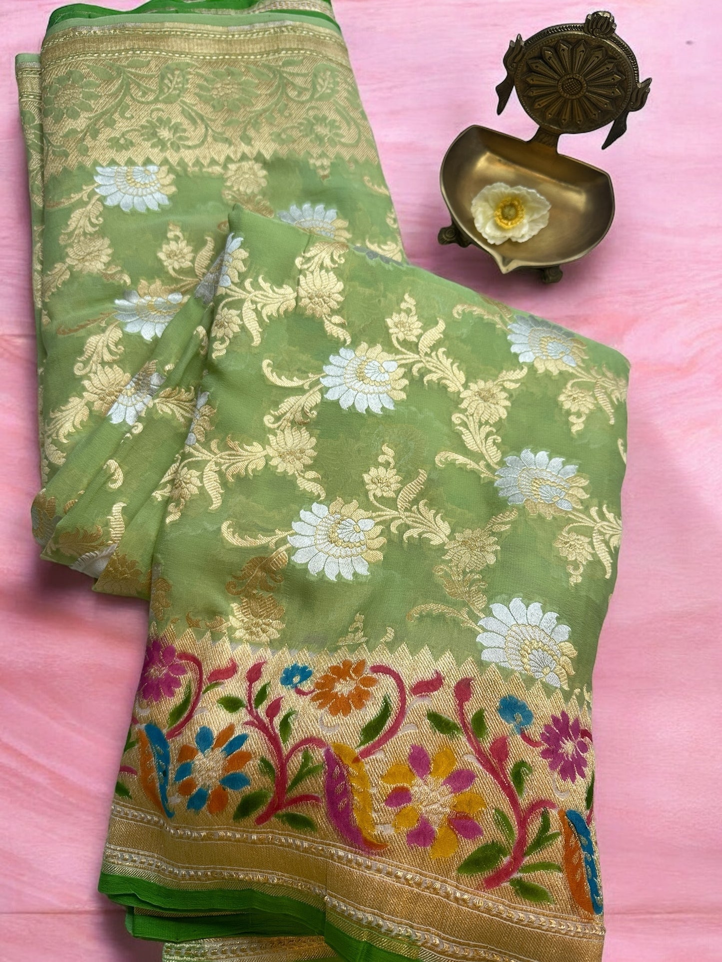 MINT GREEN PURE KHADDI GEORGETTE SAREE WITH MEENAKARI WORK