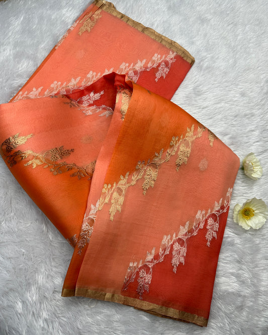 SILK ORGANZA SAREE PURE KORA SONA ROOPA RANGKAT