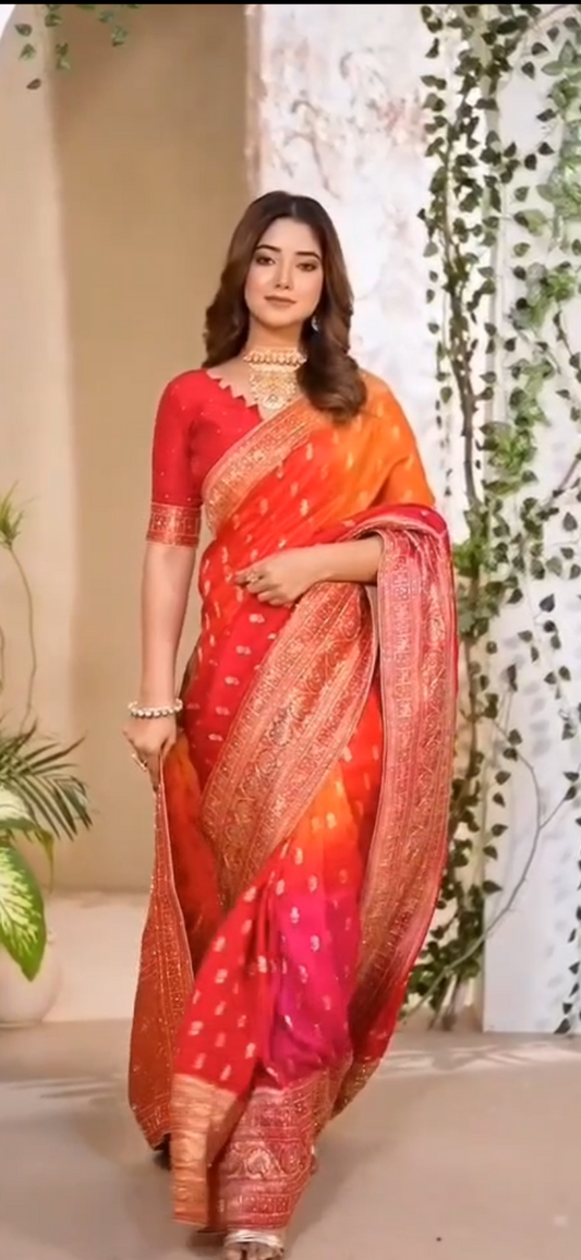 Red-orange Soft Dola silk embroidery saree