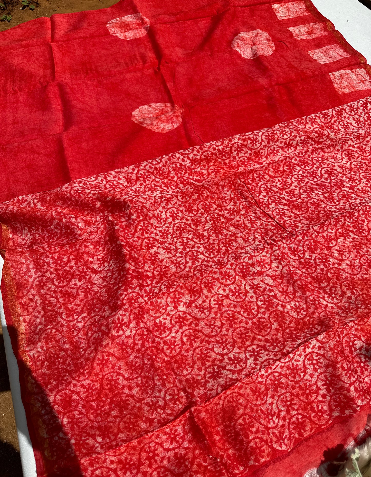 Red Cotton batik print zari less saree