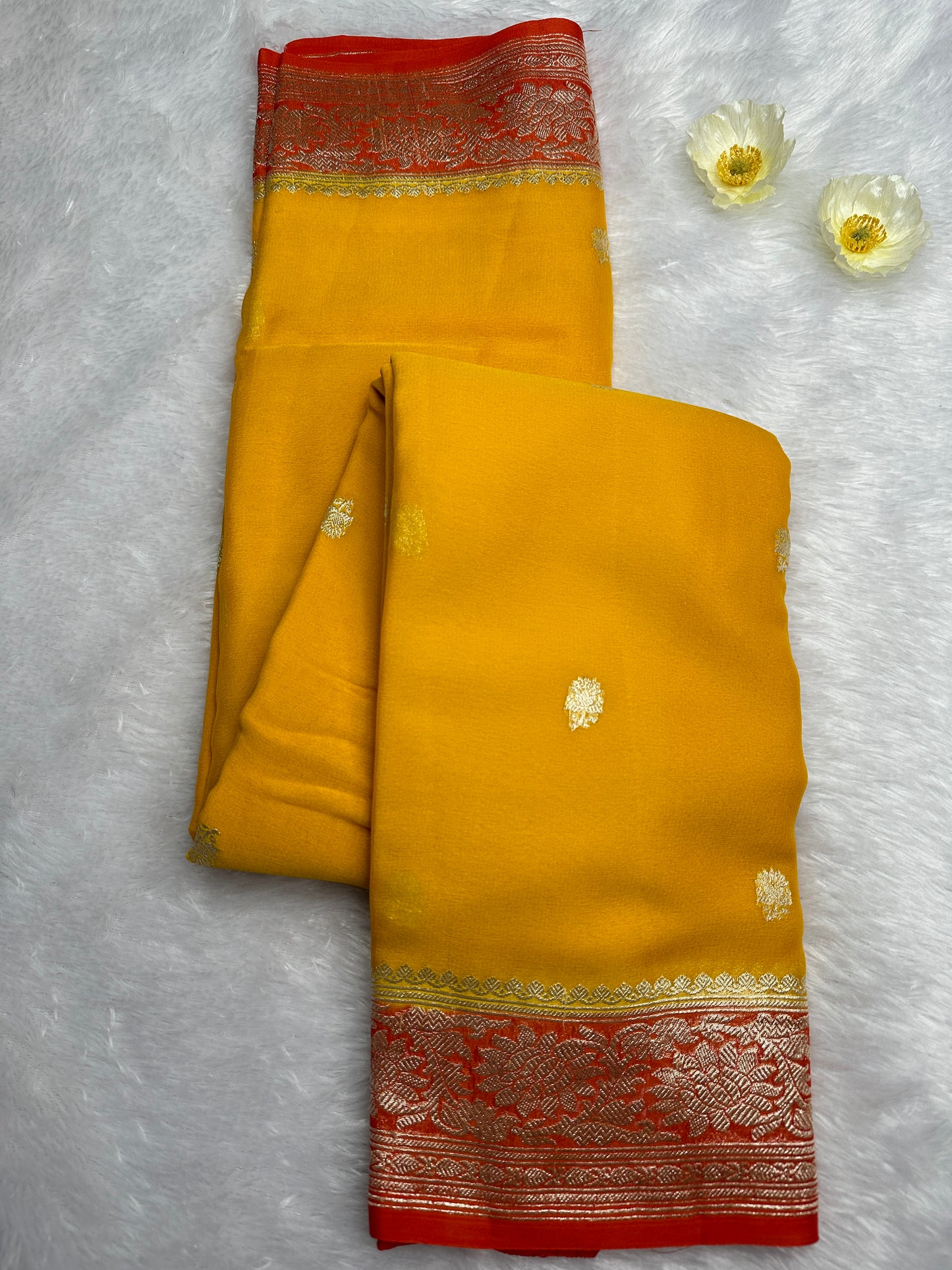 MUSTARD YELLOW-ORANGE PURE KHADDI CHIFFON GEORGETTE SAREE