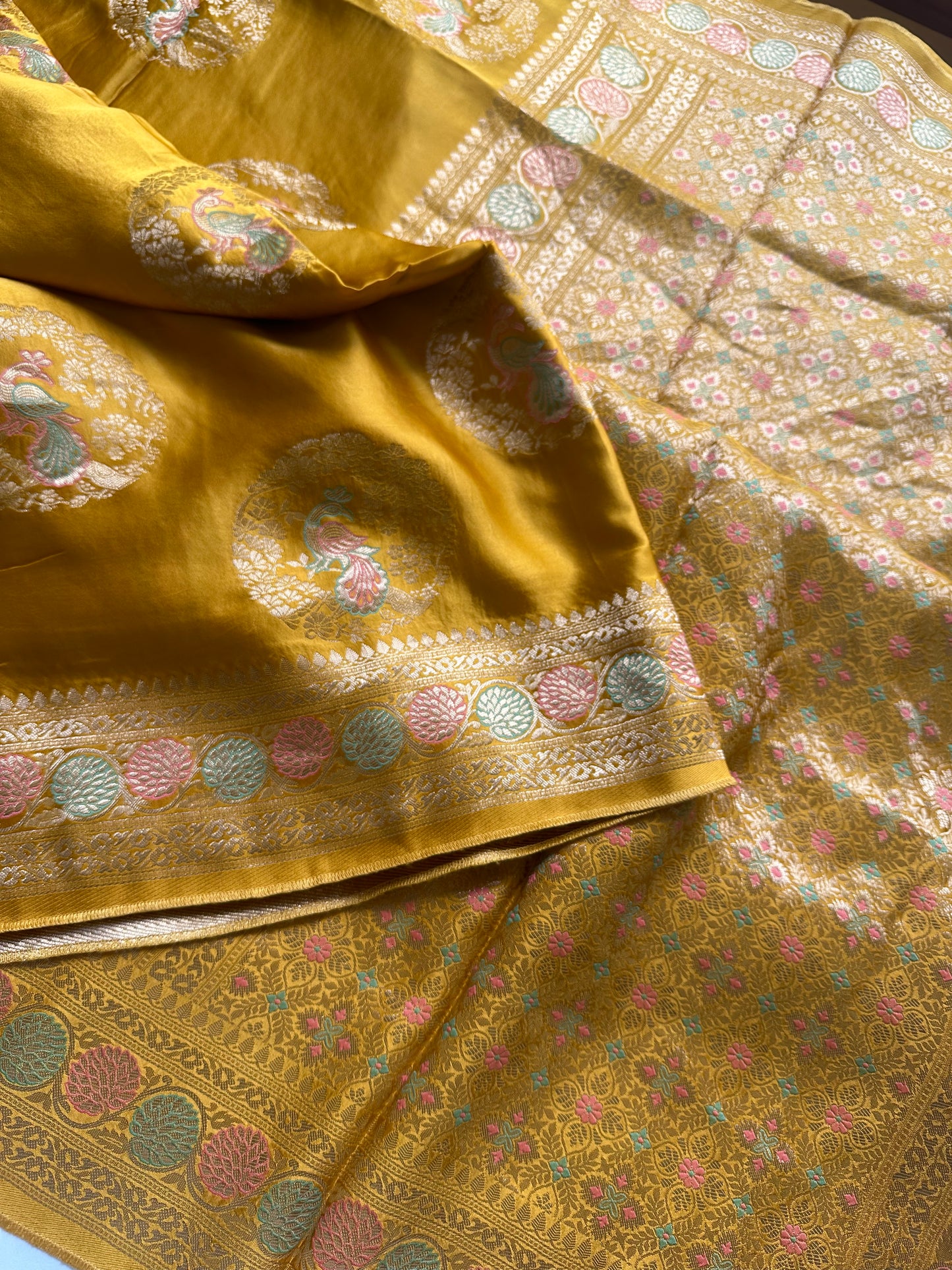 Mastard yellow mashru satin silk saree