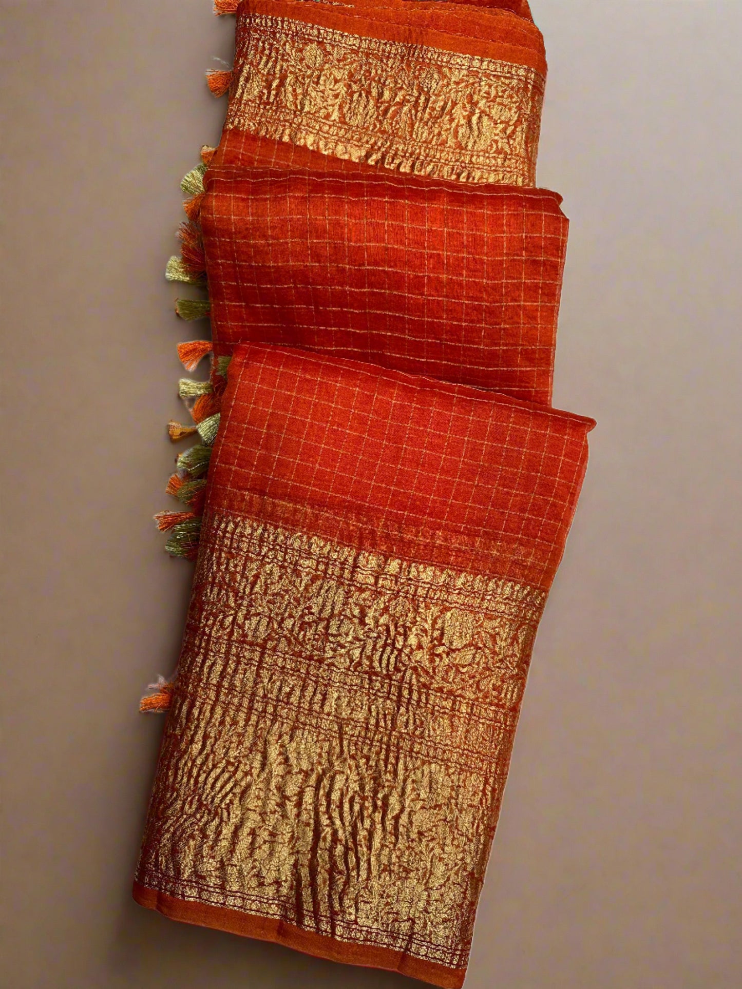 Fanta orange organza checks saree