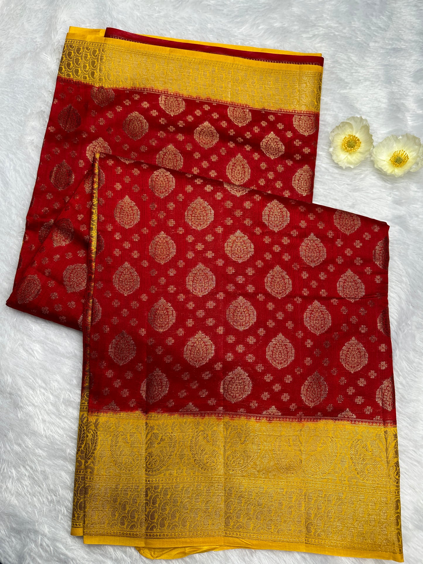 RED-YELLOW PURE CHINIYA SILK SAREE