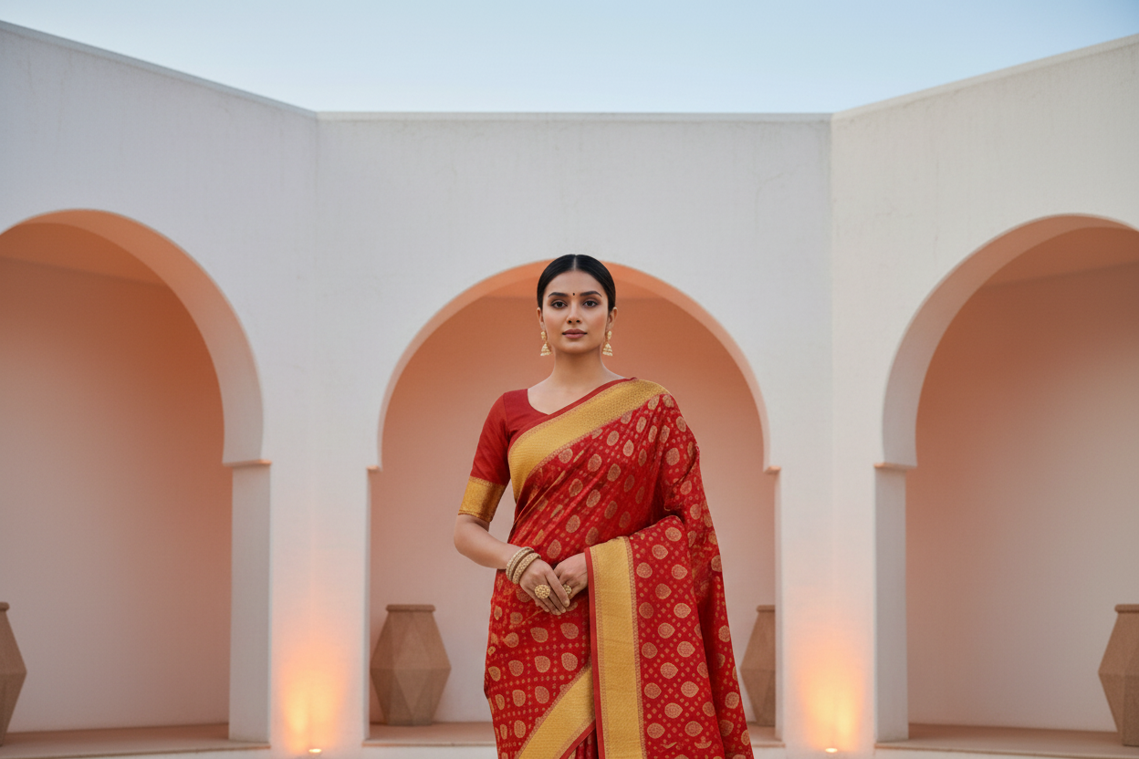 RED-YELLOW PURE CHINIYA SILK SAREE