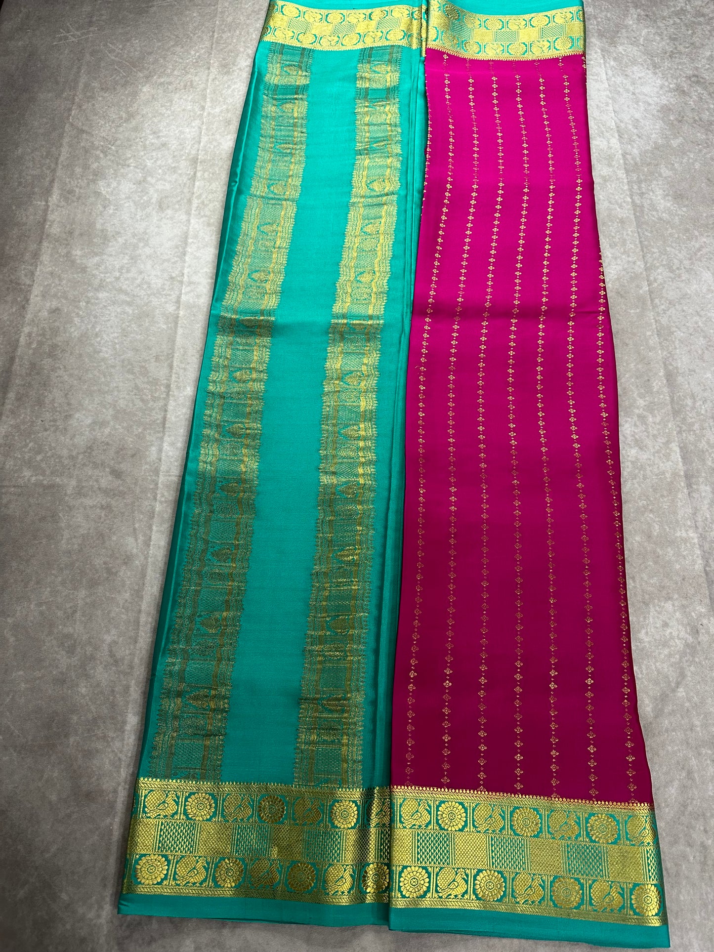 Rani pink- teal green Sudarshan gatti kalanjali pure crepe silk saree