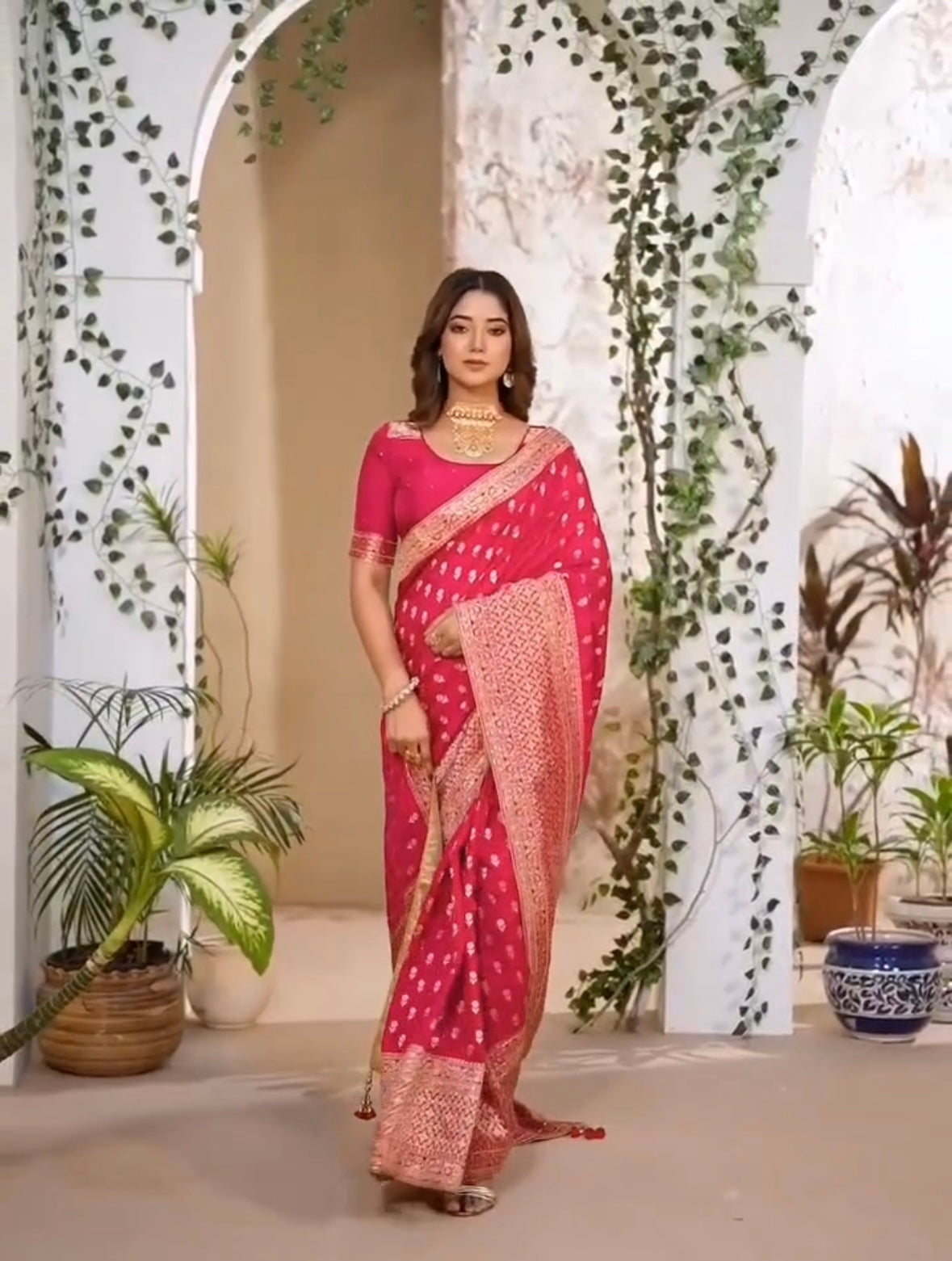 Rani pink Soft Dola silk embroidery saree