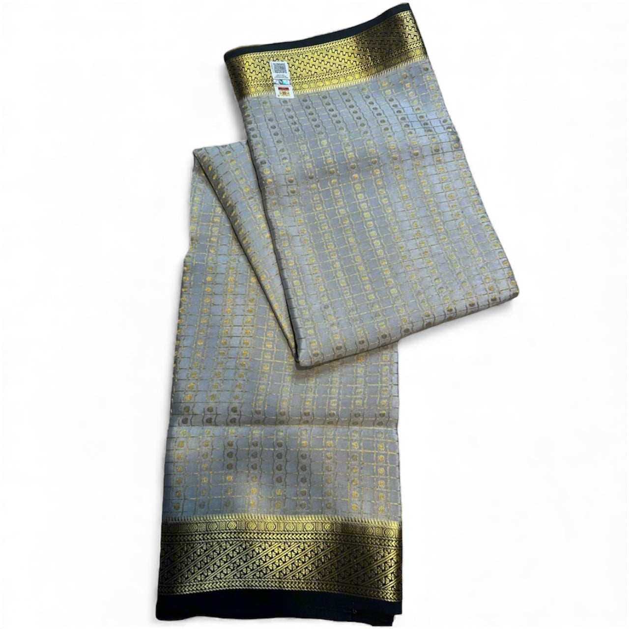 GREY- BLACK PURE POLKA CHECKS PURE CREPE SAREE