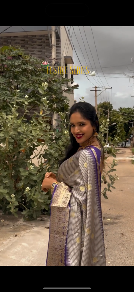 Blue checkered semi silk saree