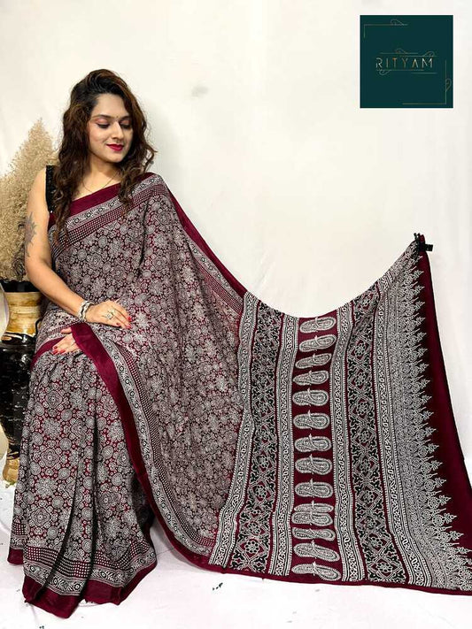 Maroon ajrak  printed saree