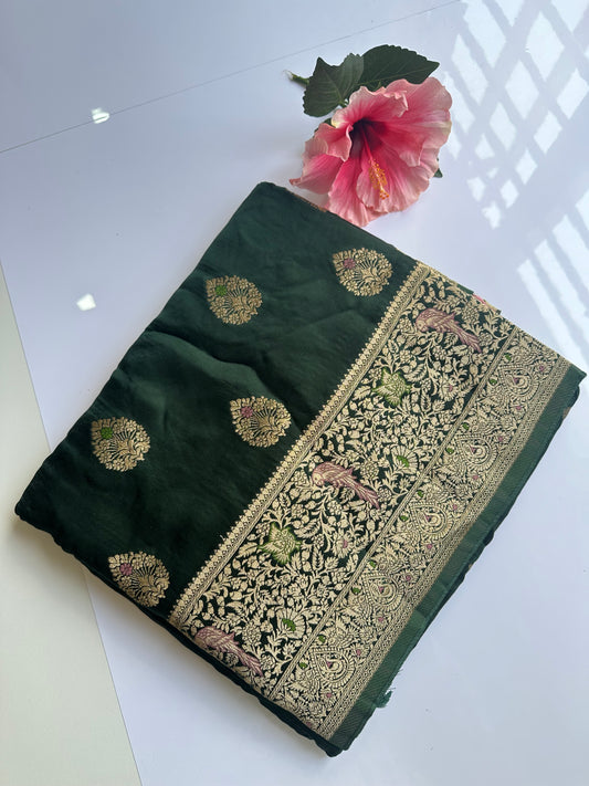 Bottle green mashru satin silk saree